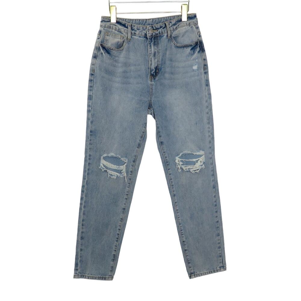 Shein Light Wash High Rise Straight Leg Mom Jeans Ripped Knee Large 30" - Picture 5 of 10